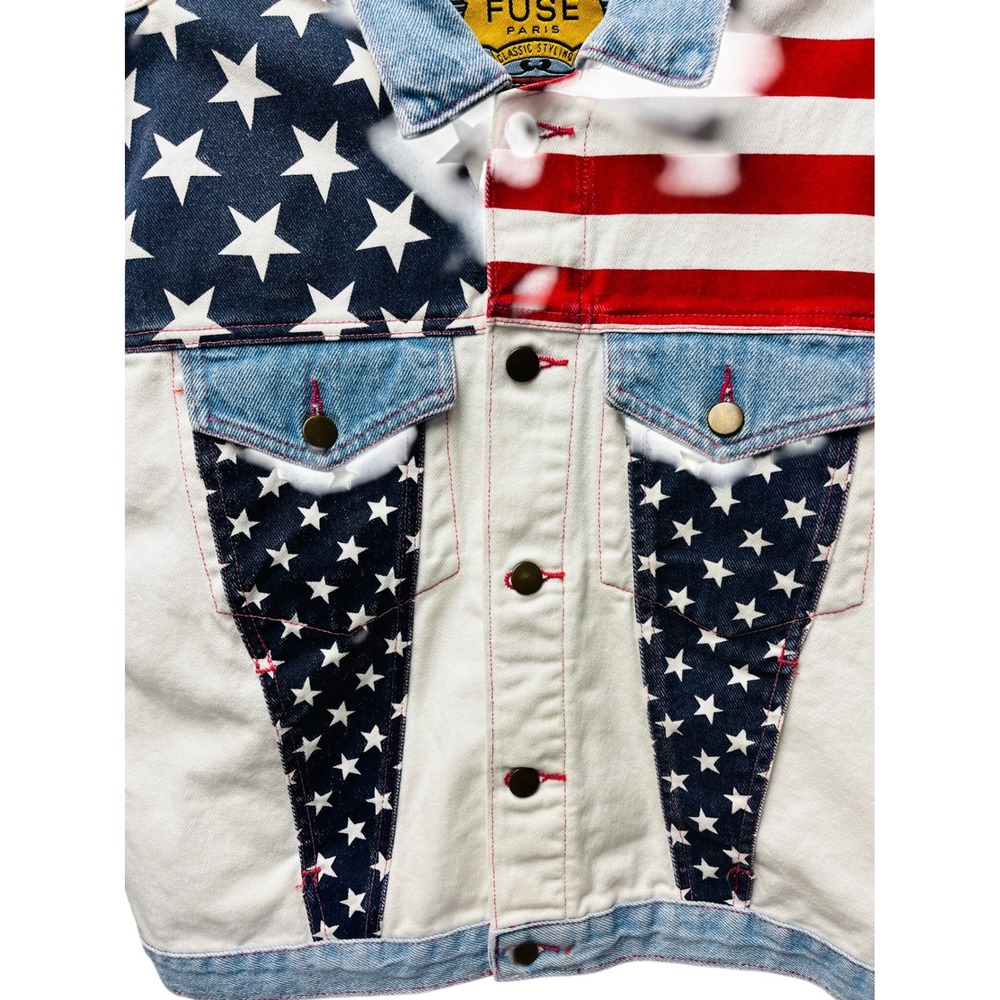 Fuse Paris M Denim Bomber Jacket USA Flag‎ Stars Stripes Trucker Moto VTG Unisex - Picture 8 of 15